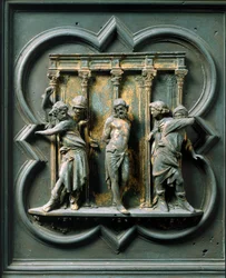 North Porte (na severu nazývaná Porte de la Croix), detail exteriéru: „“la flagellation““ Bronzová socha od Lorenza Ghibertiho (1378-1455)