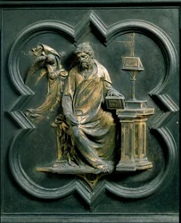 Severní Porte (nazývaná Porte de la Croix, na sever), detail exteriéru: Saint Mathieu. Bronzová socha od Lorenza Ghibertiho (1378-1455)