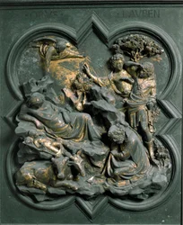 Severní Porte (nazývaný Porte de la Croix, na sever), detail exteriéru: Nativite. Bronzová socha od Lorenza Ghibertiho (1378-1455)