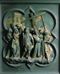 Porte Nord (na severu nazývaná Porte de la Croix), detail exteriéru: „The Montee to Calvary““ Bronzová socha od Lorenza Ghibertiho (1378-1455)