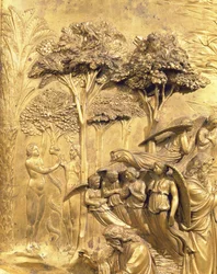 The Story of Adam, detail Pokušení Adama a Evy, z jednoho z původních panelů z východních dveří baptisteria, restaurování pozlaceného bronzu z let 1425-52