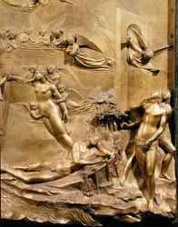 The Story of Adam, detail Stvoření Evy a Vyhnání, z jednoho z původních panelů z East Doors of the Baptistery