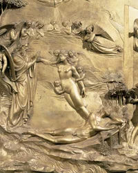 Příběh Adama, detail stvoření Evy, z jednoho z původních panelů z východních dveří baptisteria, restaurování pozlaceného bronzu z let 1425-52