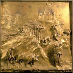 Příběh Kaina a Ábela: oběť, vražda Ábela a Bůh vyhánějící Kaina, původní panel z východních dveří baptisteria, 1425-52 (po restaurování)