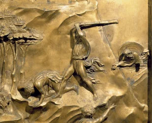 Příběh Kaina a Ábela, detail zabití Ábela, původní panel z východních dveří baptisteria, restaurování sloupků z pozlaceného bronzu 1425-52