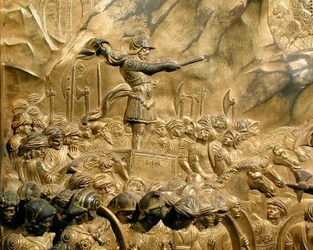 Příběh Davida a Goliáše, detail Saula, z původní desky z východních dveří baptisteria