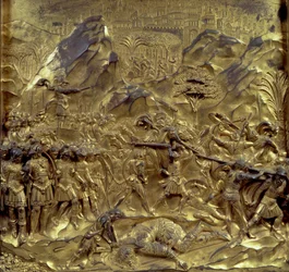 Příběh Davida a Goliáše, jeden z deseti reliéfních panelů Rajské brány (východní dveře), 1425-52