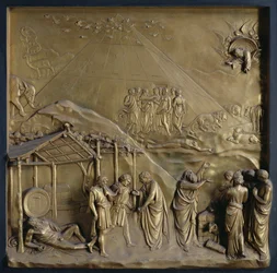 Příběh o Noemovi: vyjití z archy, opilost Noema a jeho oběť Bohu, jeden z deseti reliéfních panelů z Rajské brány (východní dveře), 1425-52 (pozlacený bronz) (viz také 87652-53).