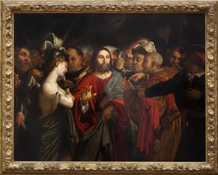 Kristus a cizoložná žena. Obraz od Lorenza Lotta (1480-1556), olej na plátně