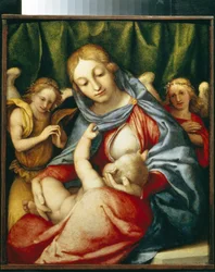 Kojící panna. (Madonna Del latte). Obraz Lorenza Lotta (1480-1556), olej na plátně, kolem roku 1520. Italské umění (Benátky)
