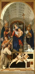 Madona s dítětem a svatými Dominikem, Řehořem a Urbanem, hlavní stůl oltáře San Domenica z Recanati od Lorenza Lotta (1480 cca 1556), olej na plátně, 227x108 cm