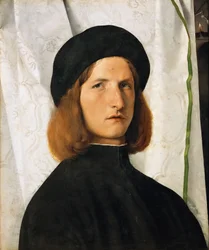 Renesance: Portrét mladého muže proti bílé oponě par Lotto, Lorenzo (1480-1556), kolem 1508. Olej na dřevě, 42,3x35,3. Uměleckohistorické muzeum, Vienne