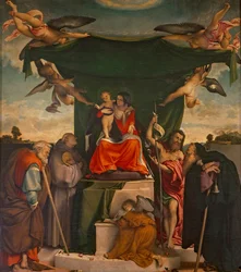 Oltář San Bernardino od Lorenza Lotta (cca 1480-1556), olej na plátně, 300x275 cm Kostel San Bernardino Pignolo, Bergamo