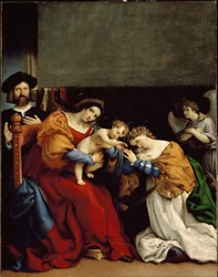Mystická svatba svaté Kateřiny Mystická svatba svaté Kateřiny Alexandrijské“ Vlevo Niccolo Bonghi, malířův pronajímatel. Obraz Lorenza Lotta (asi 1480-1556) 1523 Rozm. 189 x 134 cm Bergamo, Accademia Carrara
