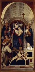 Panna s dítětem se svatým Dominikem, svatým Gregoirem a svatým Urbanem - střední část polyptického Recanati (1508, olej na dřevě)
