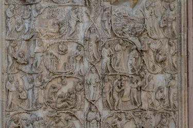 Jesseho strom a mesiášská proroctví, Příběhy Genesis, basreliéfy od Lorenza Maitaniho (před 1275-1330), druhý sloup, průčelí katedrály Orvieto, Umbrie, Itálie