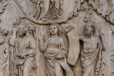 Proroci, detail z Jesseho stromu a mesiášských proroctví, Příběhy Genesis, basreliéfy od Lorenza Maitaniho (před 1275-1330), druhý sloup, průčelí katedrály Orvieto, Umbrie, Itálie