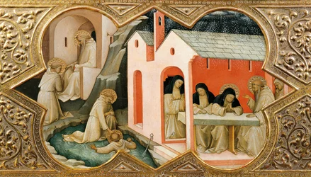 Oltářní obraz Korunovace Panny Marie (Incoronazione della Vergine). Detail představující výjevy ze života svatého Benedikta z Nursie