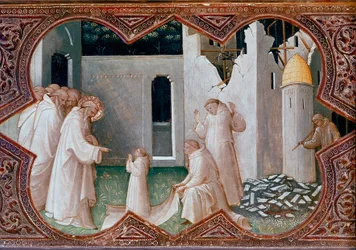 Oltářní obraz korunovace Panny Marie: „Svatý Benedikt z Nursie křísí mnicha“ Detrempe na dřevě od Piera di Giovanni dit Lorenzo Monaco (1370-1424) 1413 Florencie, galerie Uffizi