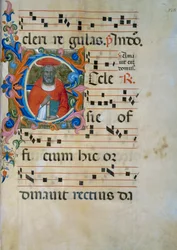 Iluminovaná iniciála s postavou San Girolamo (Corale 5, kolem 138), pro sborovou knihu 5 Santa Maria degli Angeli