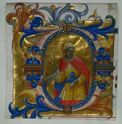 Iniciála D[eus in loco] s prorokem vyříznutým z graduálu, 1409-10.