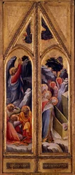 Ježíš na Olivové hoře a svaté ženy u Diptychové hrobky Lorenza Monaka (1365/70-1425). Rozměr: 0,66 x 0,26 m. Paříž, Musee du Louvre