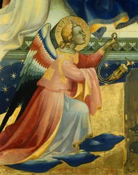 Klečící anděl, detail ze středového panelu Korunovace Panny od Lorenza Monaca (kolem 1370-1425), tempera a zlato na panelu, 506x447, 5 cm
