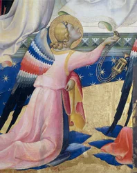 Klečící anděl, detail ze středového panelu Korunovace Panny od Lorenza Monaca (cca 1370-1425), tempera a zlato na panelu, 506x4475 cm