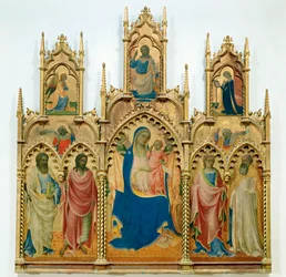 Madona s Ježíškem, svatí;nahoře: (tempera na dřevě)