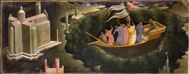 Reprezentace svatého Mikuláše uklidňujícího Tempete Nicolas de Myra (nebo Nicolas de Bari) zachraňující loď před potopením. Malba na dřevě od Lorenza Monaca (asi 1370-asi 1423/1424) Florencie, Galleria del 