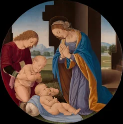 Madonna adorující dítě se svatým Janem Křtitelem a andělem, kolem roku 1492 (tempera na dřevě)