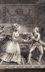 Le billet doux subtilisé (osvobození) - v „“ Les francaises ou 34 příkladů vybraných v současných mravech vhodných k vedení dcer, žen, manželek, matek“ od Restifa de La Bretonne (1734-1806), nemocného. od Binet, Neufchatel