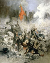 Revoluce 1848: barikády v Paříži (olej na panelu)