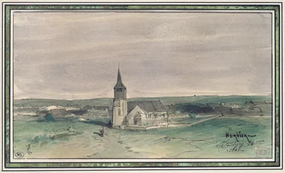 Kostel a vesnice uprostřed pole, Montigny, 1866 (pero a inkoust a wc na papíře)