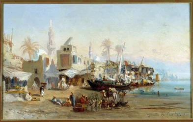 Rybáři a mešity přístavu Boulack v Egyptě Obraz Amable Louis Crapelet (1822-1867) Sun. 41x64 cm Povinná zmínka: Regards de Provence Foundation collection, Marseille