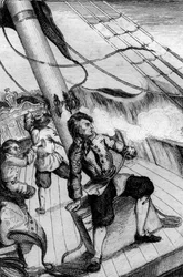 Každou minutu jsem očekával, že mě pohltí rytina po kresbě M. de Sainsona pro Knihu Daniela Defoe (De foe) „“Robinson Crusoe““ francouzské vydání z roku 1837.