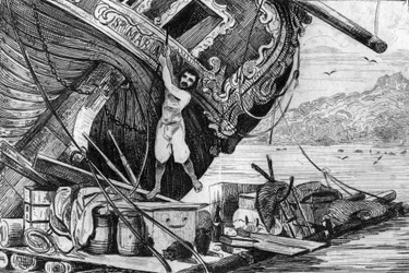 Sestoupil jsem na svém voru a pak jsem se posadil na moře... rytina podle kresby M. de Sainsona pro Knihu Daniela Defoe (De foe) Robinson Crusoe“ francouzské vydání z roku 1837.