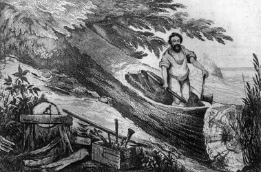 Vykopal jsem ji bez pomoci ohnivé rytiny podle kresby M. de Sainsona pro Knihu Daniela Defoe (De foe) „Robinson Crusoe““ francouzské vydání z roku 1837.