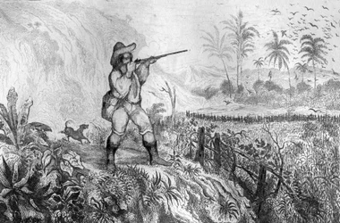 Zabil jsem tři... rytinu podle kresby M. de Sainsona pro Knihu Daniela Defoe (De foe) “Robinson Crusoe”” francouzské vydání z roku 1837.
