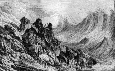 Rozhodl jsem se připoutat se ke skalnímu hrotu... rytina podle kresby M. de Sainsona pro Knihu Daniela Defoe (De foe) „Robinson Crusoe““ francouzské vydání z roku 1837.