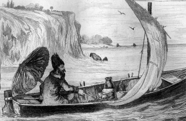 Poháněla mě současná rytina po kresbě M. de Sainsona pro Knihu Daniela Defoe (De foe) „Robinson Crusoe““ francouzské vydání z roku 1837.