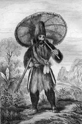 Měl jsem na sobě klobouk vysoké... rytiny podle kresby M. de Sainsona pro Knihu Daniela Defoe (De foe) “Robinson Crusoe”” francouzské vydání z roku 1837.