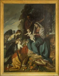 Andělé krmící Svatou rodinu. Olej na plátně Louis Boulanger (1806-1867), hlavní loď katedrály Sens