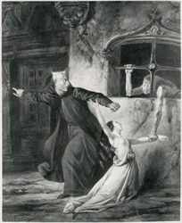 Sachette, Esmeralda a Claude Frollo, ilustrace k románu „Chrám Matky Boží v Paříži“ od Victora Huga (1802-85), 1831