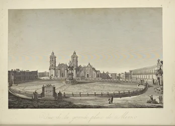 Pohled na hlavní náměstí, Mexico City, ilustrace z „Pohledy na Kordillery a památky domorodých národů Ameriky“ od Alexandra von Humboldta a Aime Bonpland
