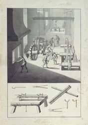 Výroba děl, kresba pro „Description des Arts et Métiers“, L. Simonneau, která inspirovala Diderota pro encyklopedii