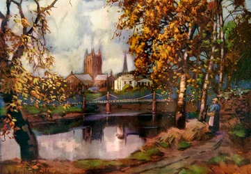 Herefordská katedrála, od řeky Walk, Herefordshire, 1924-1926.