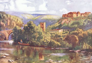 Na řece Tagus, z Hutchinsonovy malebné Evropy vydané nakladatelstvím Hutchinson & Son, kolem roku 1930 (barevné lito)