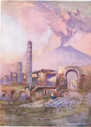 Pompeje: Vesuv v dálce, z Hutchinsonovy malebné Evropy vydané nakladatelstvím Hutchinson & Son, kolem roku 1930