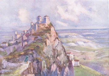 San Marino, z Hutchinsonovy malebné Evropy vydané nakladatelstvím Hutchinson & Son, kolem roku 1930 (barevné lito)